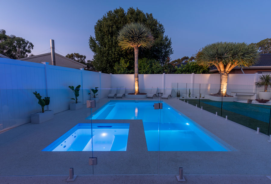 The Fibreglass Pool Company - Whitehaven style at dusk