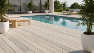 Light timber-look pool decking surrounding a modern fibreglass pool with tropical landscaping.