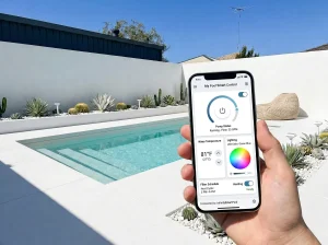 Smart pool automation controls displayed on a phone beside a fibreglass swimming pool.